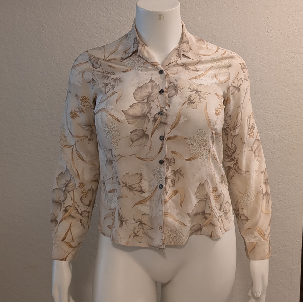 Beige Evan Picone Floral Silk 14 Long Sleeve Shirt -- Final Price